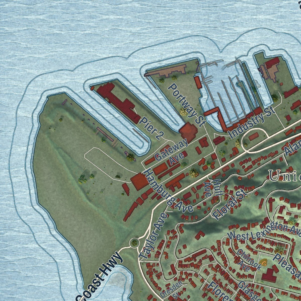 Second close-up of the map of Astoria, Oregon print showing more streets and buildings