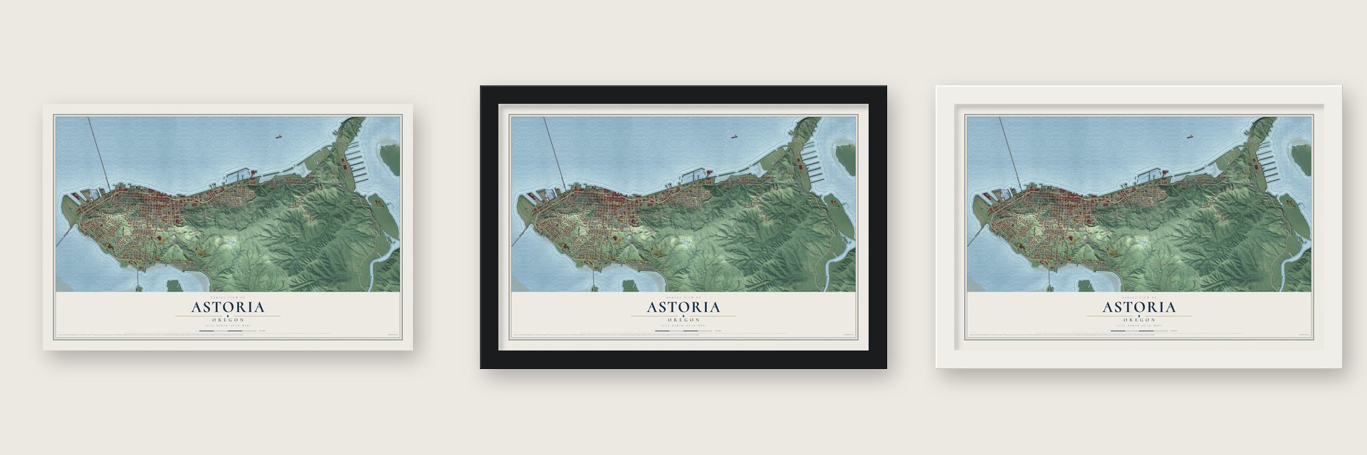 Astoria, Oregon map unframed, in a black wood frame and in a white wood frame
