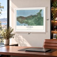 Astoria, Oregon map, 18 x 24 inch print in a white frame in a home office