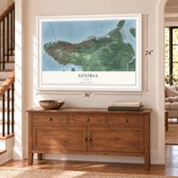 Astoria, Oregon map, 24 x 36 inch print in a white frame above a dresser by a staircase