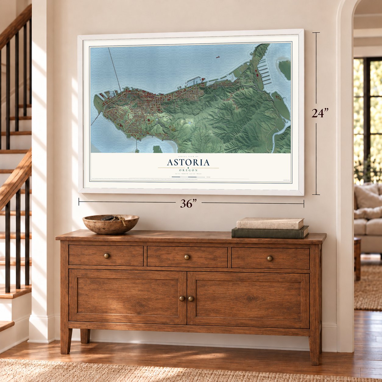 Astoria, Oregon map, 24 x 36 inch print in a white frame above a dresser by a staircase