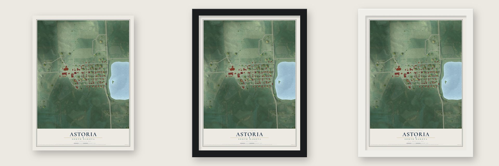 Astoria, South Dakota map unframed, in a black wood frame and in a white wood frame