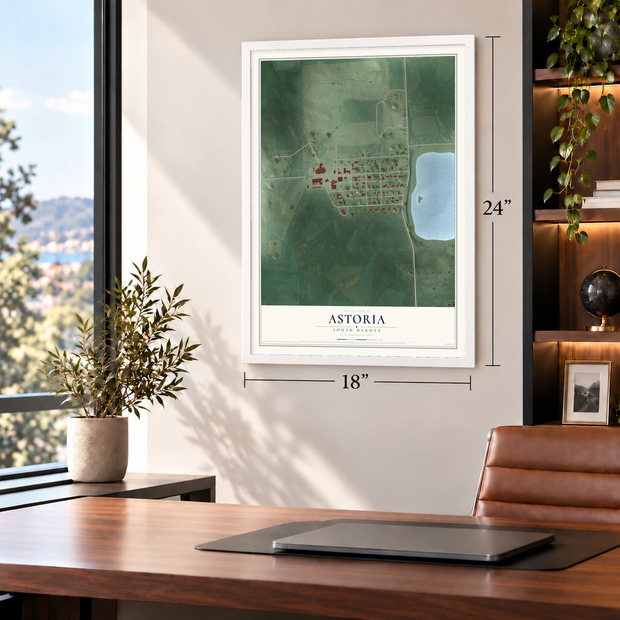 Astoria, South Dakota map, 18 x 24 inch print in a white frame in a home office