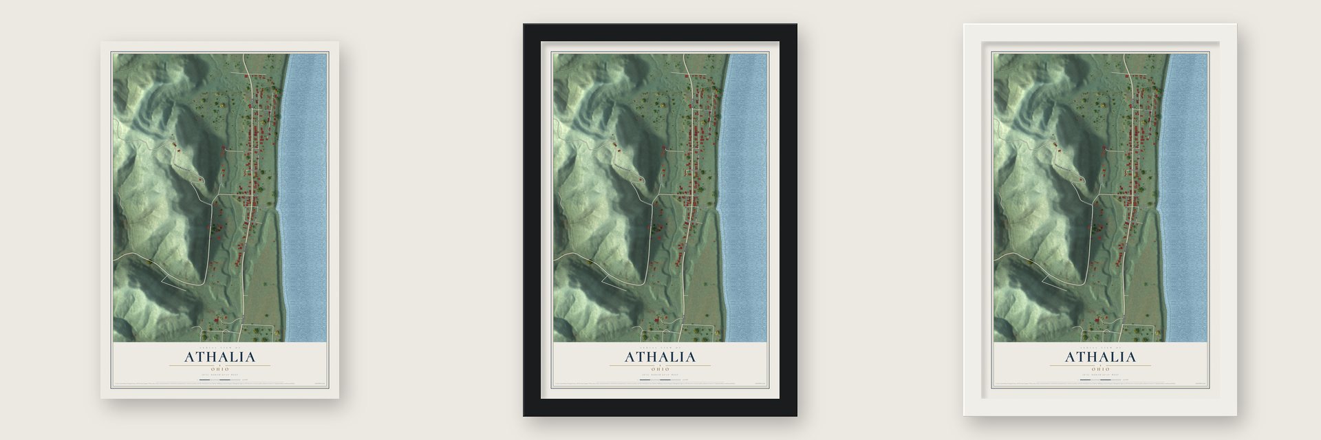 Athalia, Ohio map unframed, in a black wood frame and in a white wood frame