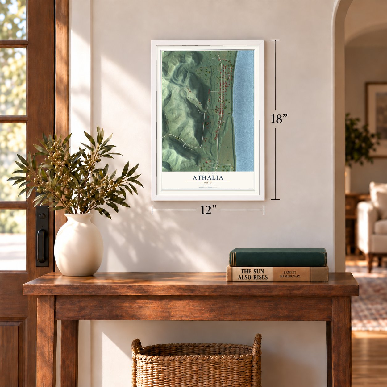 Athalia, Ohio map, 12 x 18 inch print in a white frame in an entryway