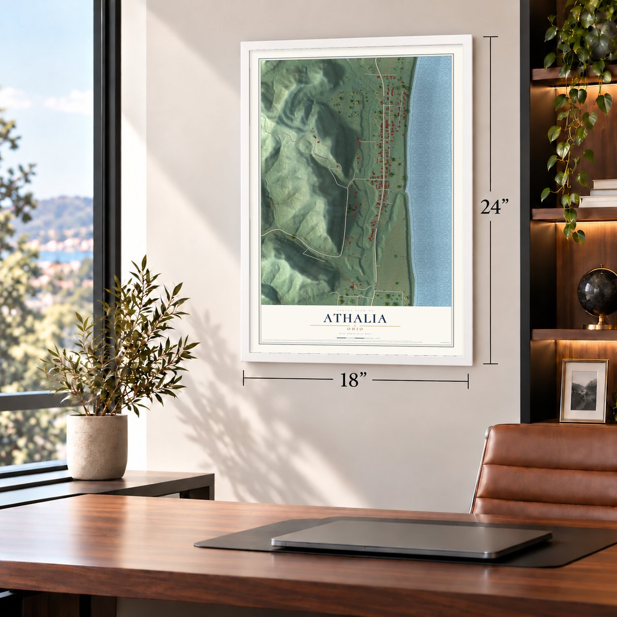 Athalia, Ohio map, 18 x 24 inch print in a white frame in a home office