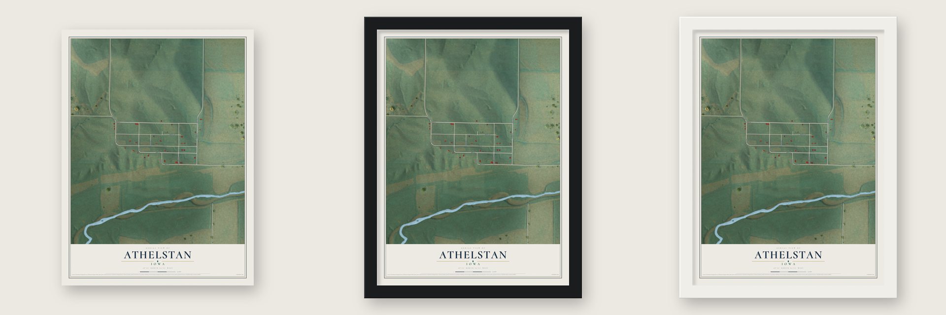 Athelstan, Iowa map unframed, in a black wood frame and in a white wood frame