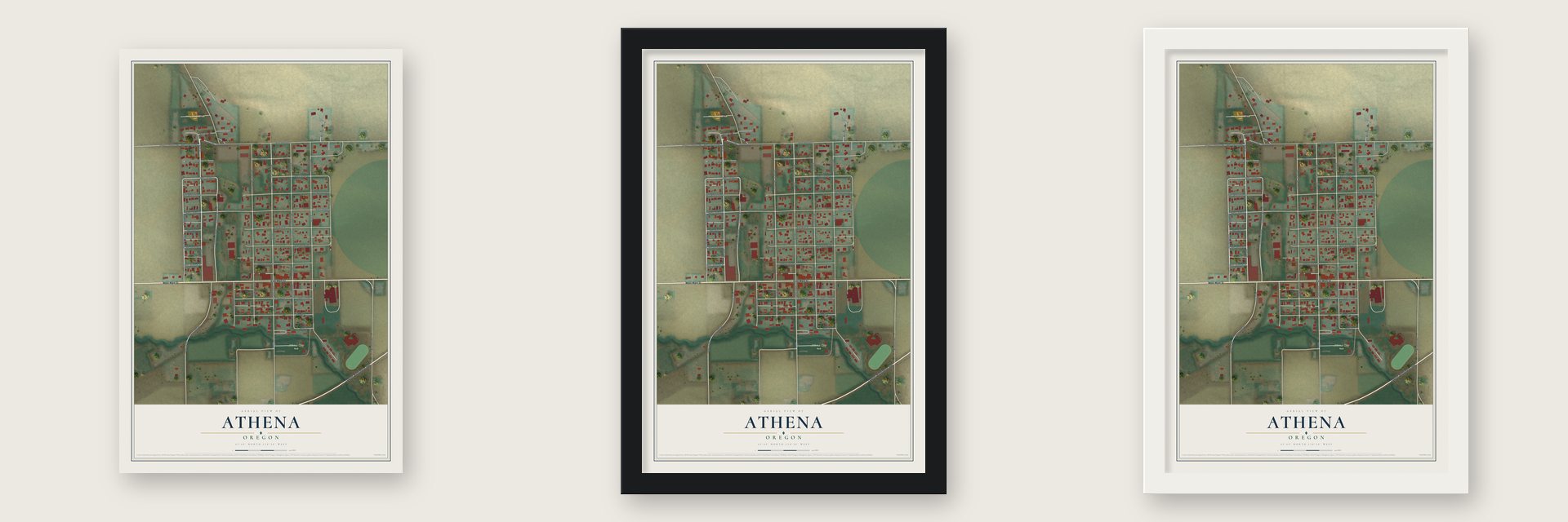 Athena, Oregon map unframed, in a black wood frame and in a white wood frame