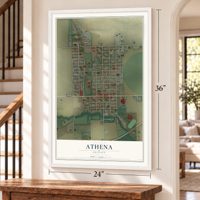 Athena, Oregon map, 24 x 36 inch print in a white frame by a staircase