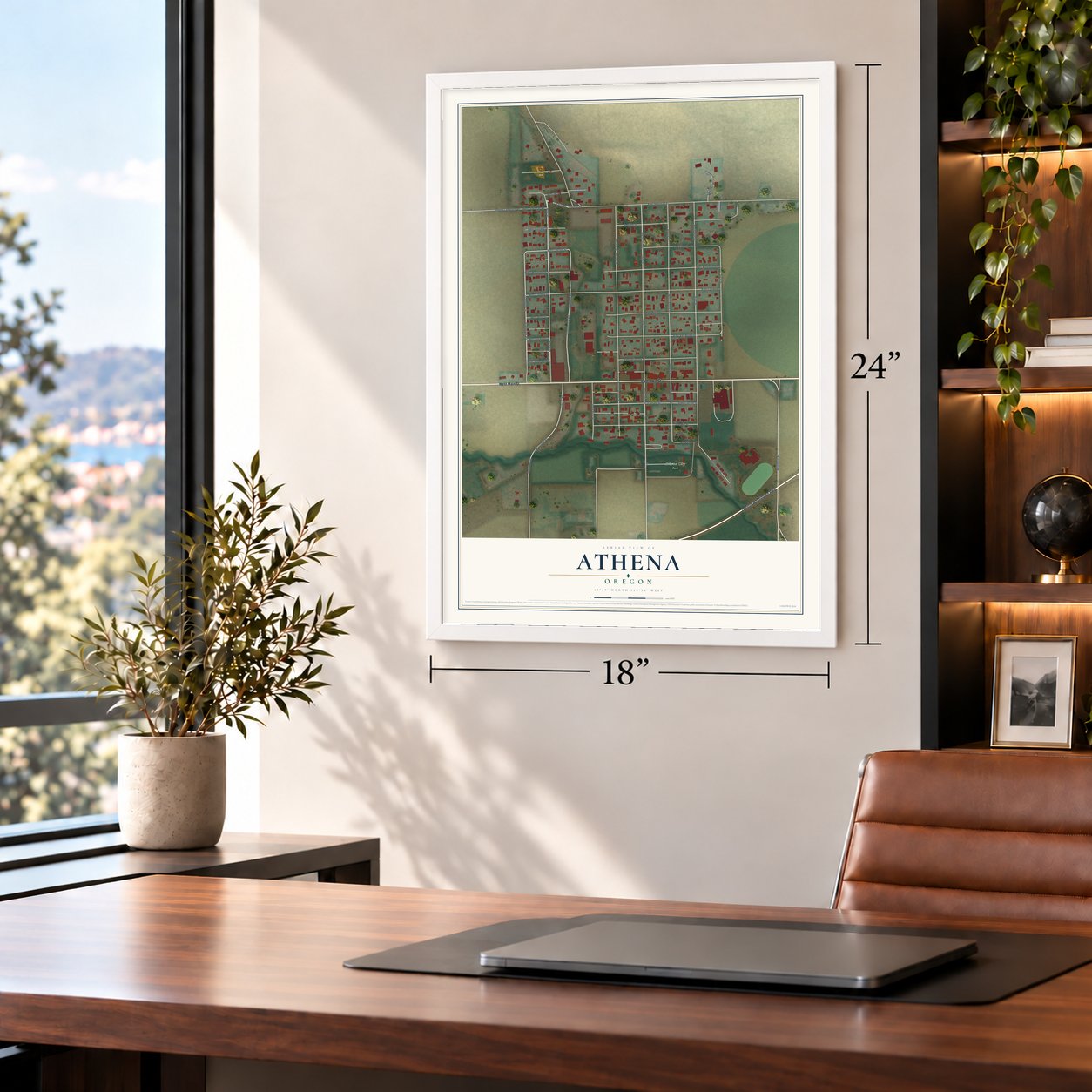 Athena, Oregon map, 18 x 24 inch print in a white frame in a home office