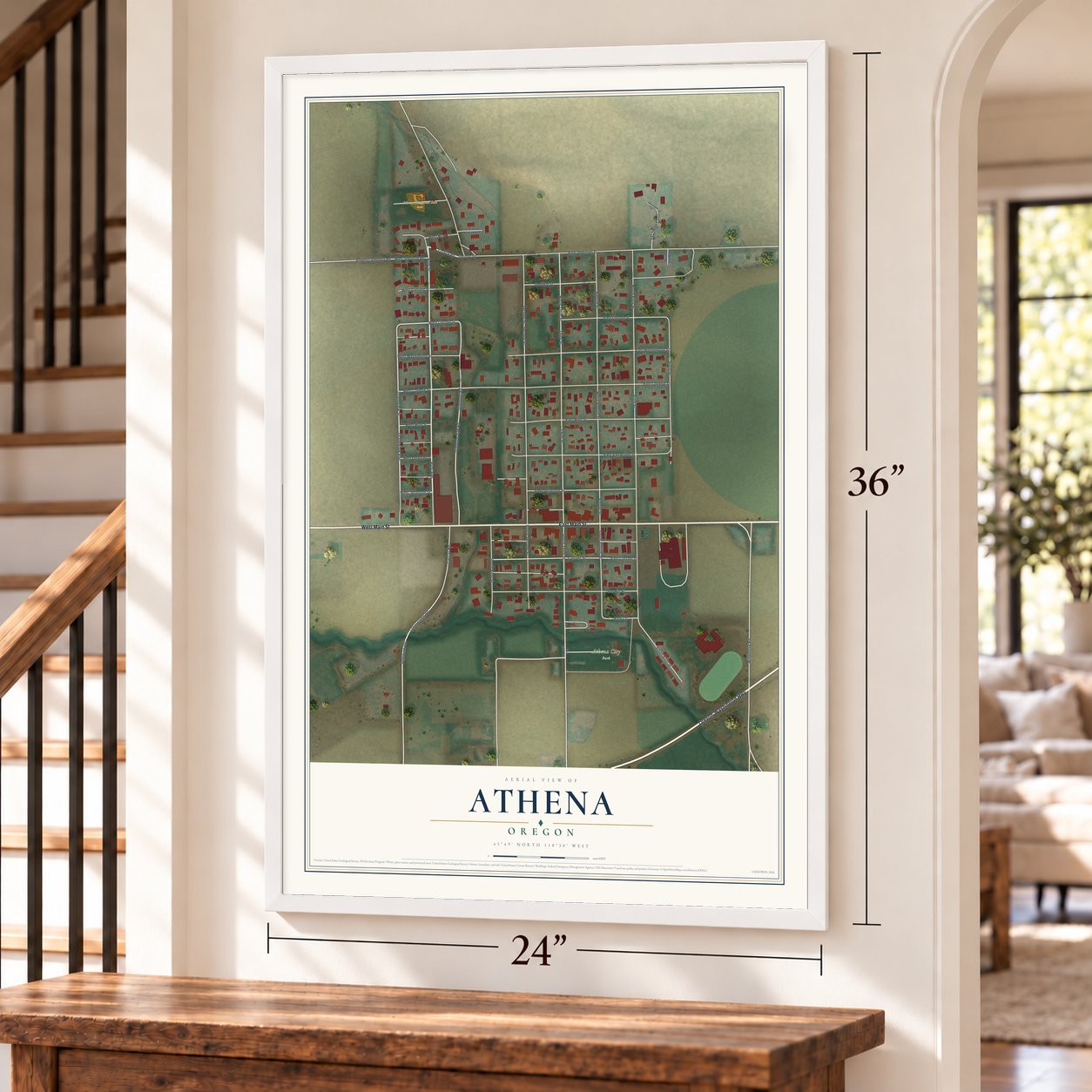 Athena, Oregon map, 24 x 36 inch print in a white frame by a staircase