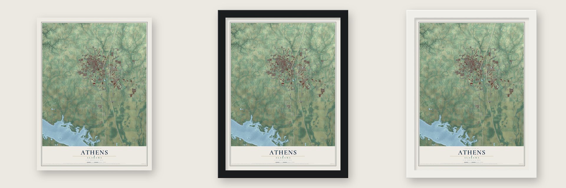 Athens, Alabama map unframed, in a black wood frame and in a white wood frame
