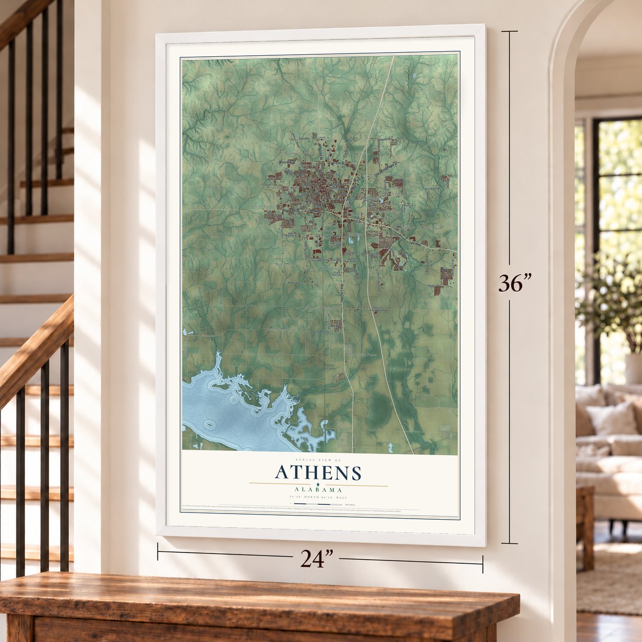 Athens, Alabama map, 24 x 36 inch print in a white frame by a staircase