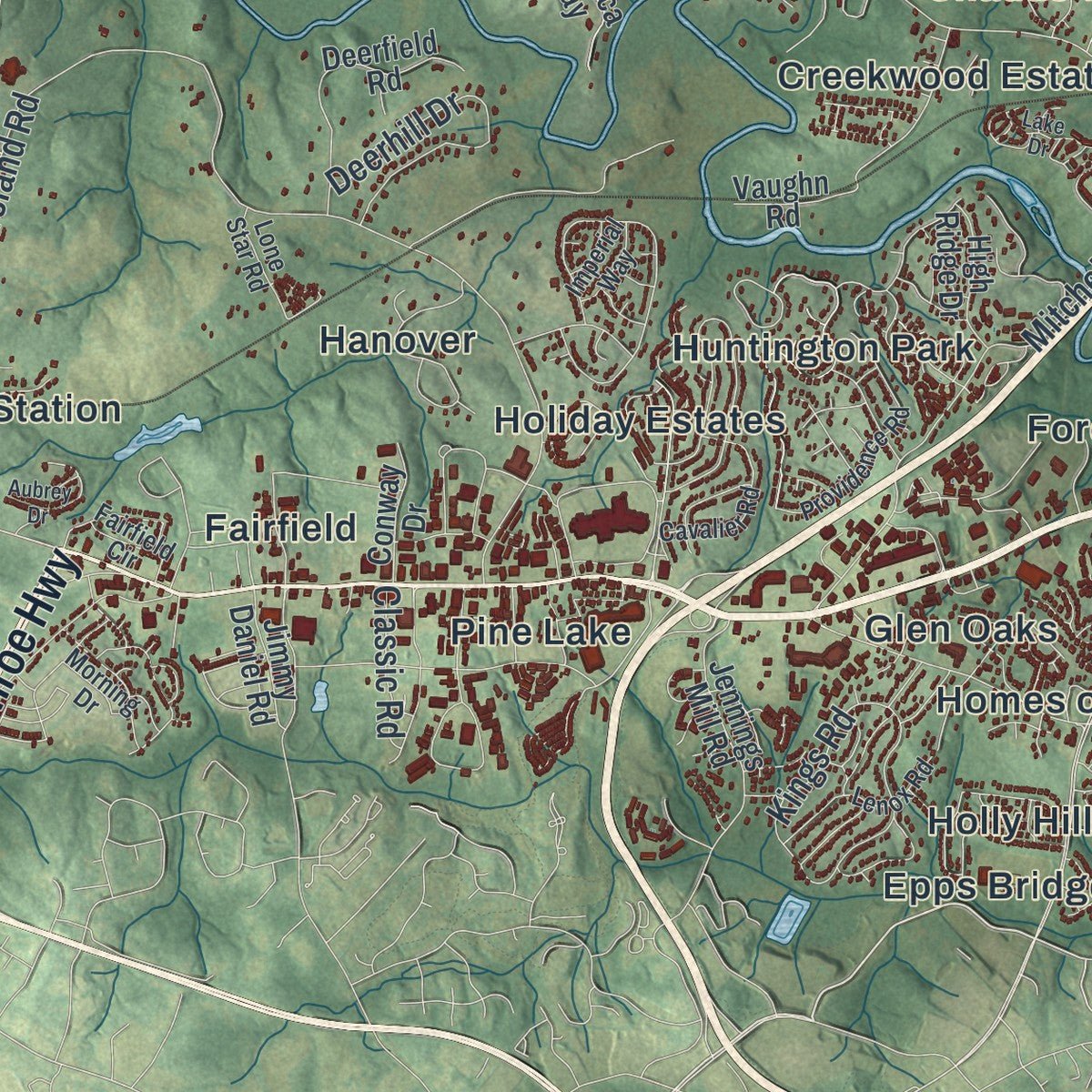 Second close-up of the map of Athens-Clarke County, Georgia print showing more streets and buildings