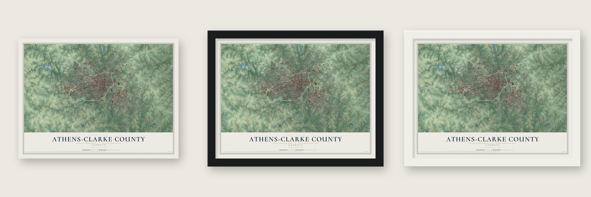 Athens-Clarke County, Georgia map unframed, in a black wood frame and in a white wood frame