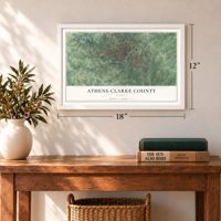Athens-Clarke County, Georgia map, 12 x 18 inch print in a white frame in an entryway