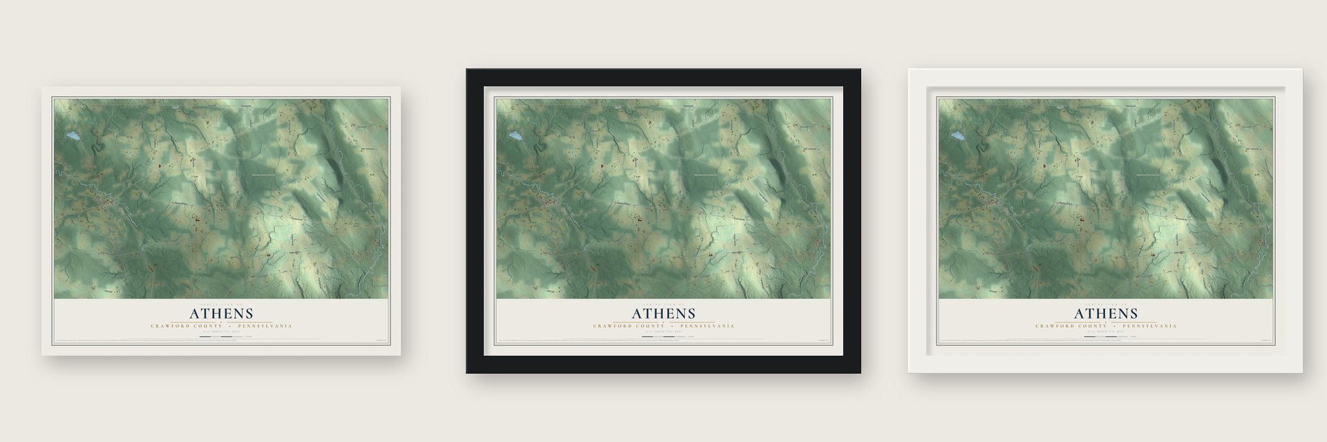 Athens, Crawford County, Pennsylvania map unframed, in a black wood frame and in a white wood frame