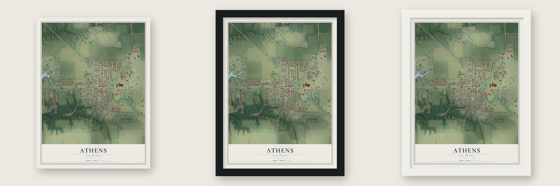 Athens, Illinois map unframed, in a black wood frame and in a white wood frame