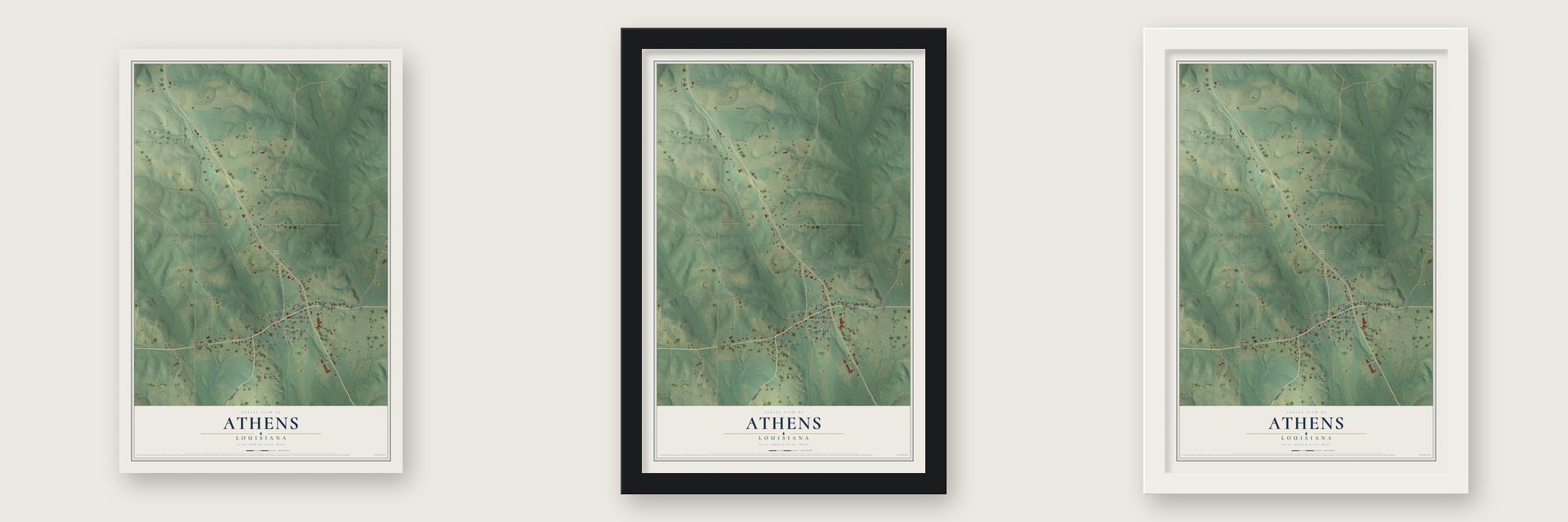 Athens, Louisiana map unframed, in a black wood frame and in a white wood frame