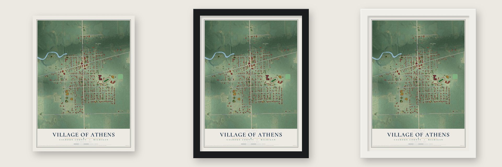 Athens, Michigan map unframed, in a black wood frame and in a white wood frame