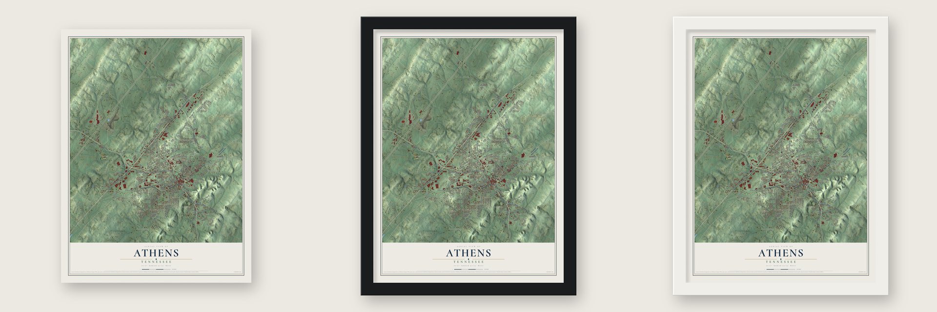 Athens, Tennessee map unframed, in a black wood frame and in a white wood frame