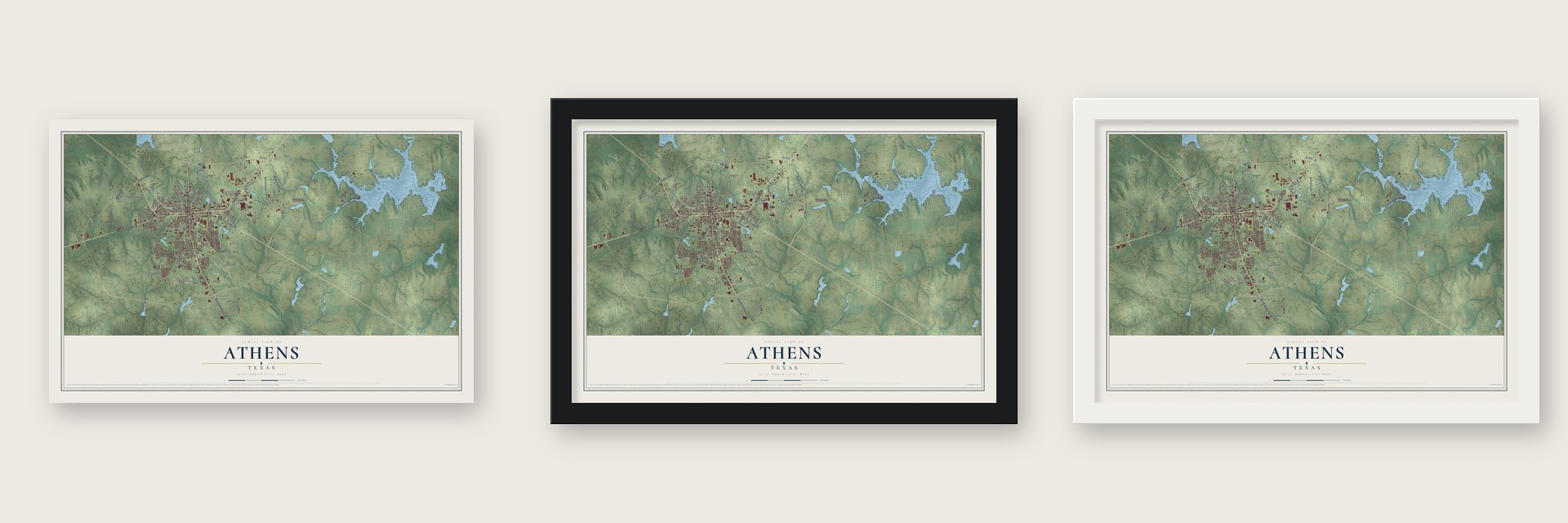 Athens, Texas map unframed, in a black wood frame and in a white wood frame