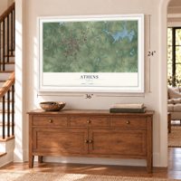 Athens, Texas map, 24 x 36 inch print in a white frame above a dresser by a staircase
