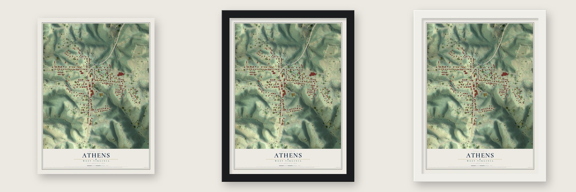 Athens, West Virginia map unframed, in a black wood frame and in a white wood frame