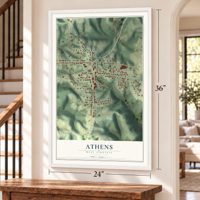 Athens, West Virginia map, 24 x 36 inch print in a white frame by a staircase
