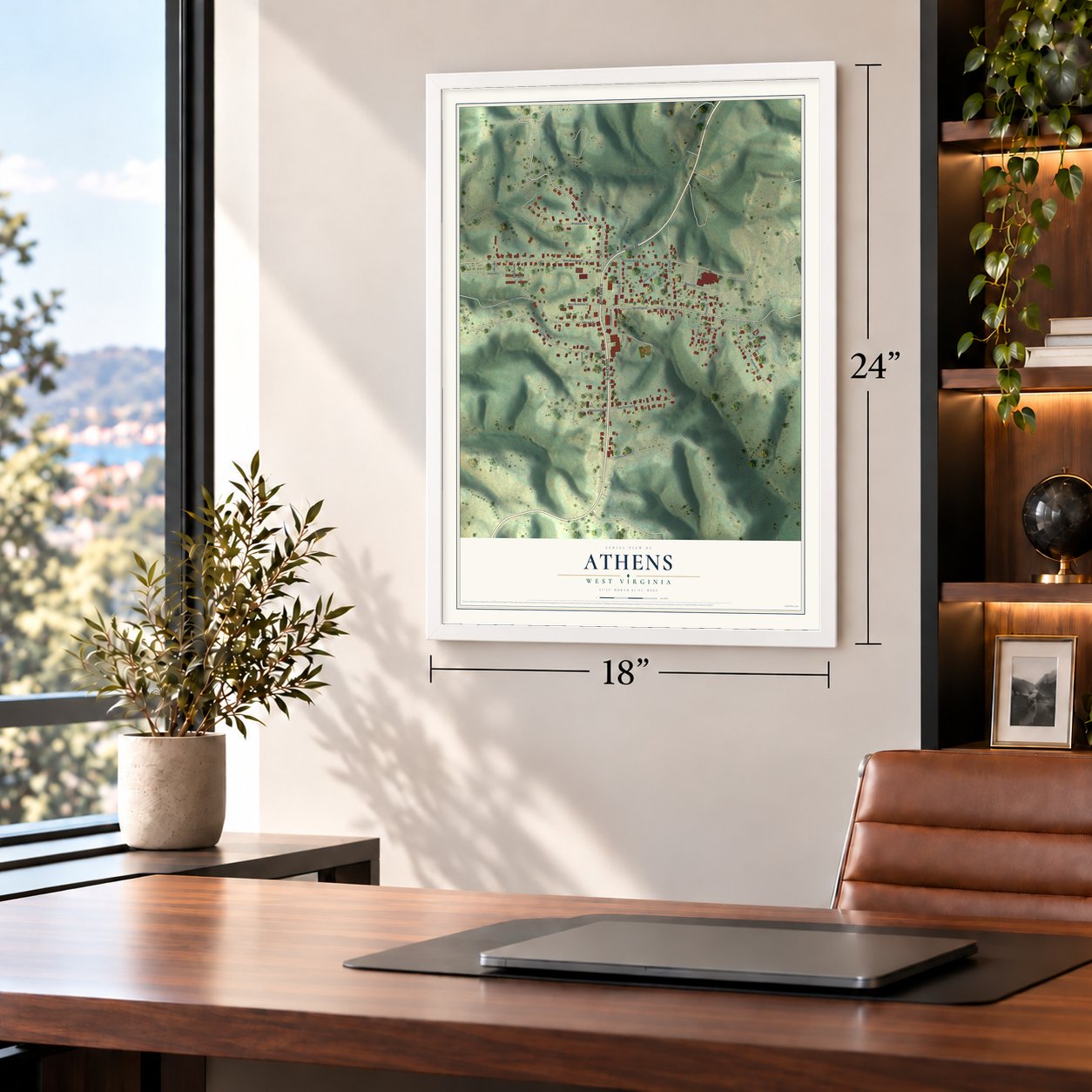 Athens, West Virginia map, 18 x 24 inch print in a white frame in a home office