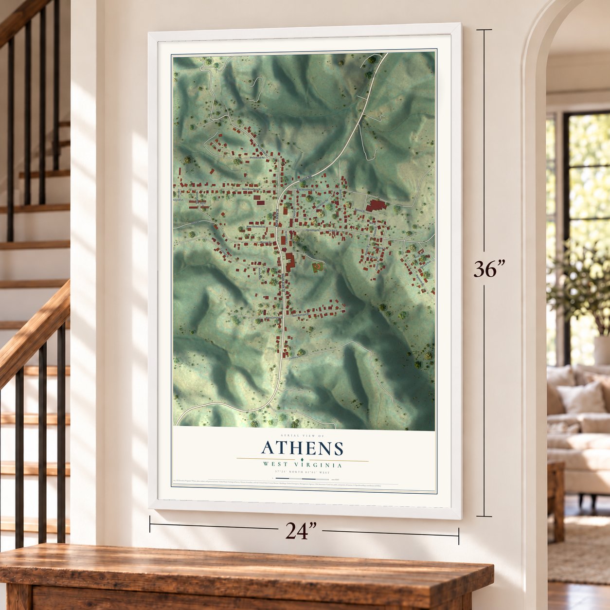 Athens, West Virginia map, 24 x 36 inch print in a white frame by a staircase