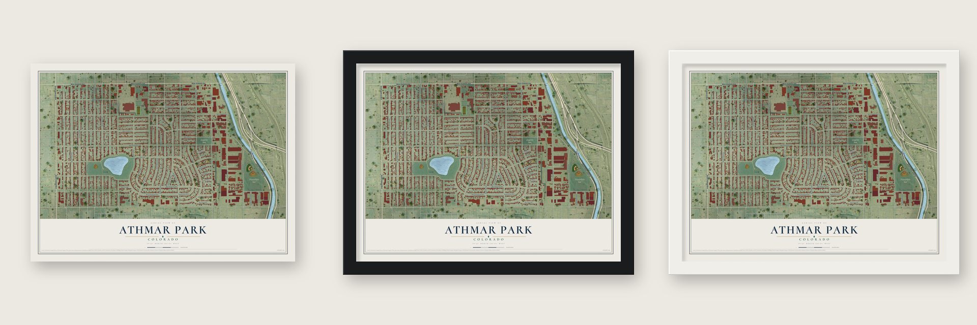 Athmar Park, Colorado map unframed, in a black wood frame and in a white wood frame