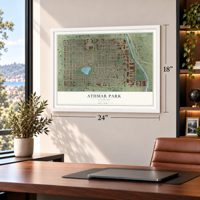 Athmar Park, Colorado map, 18 x 24 inch print in a white frame in a home office
