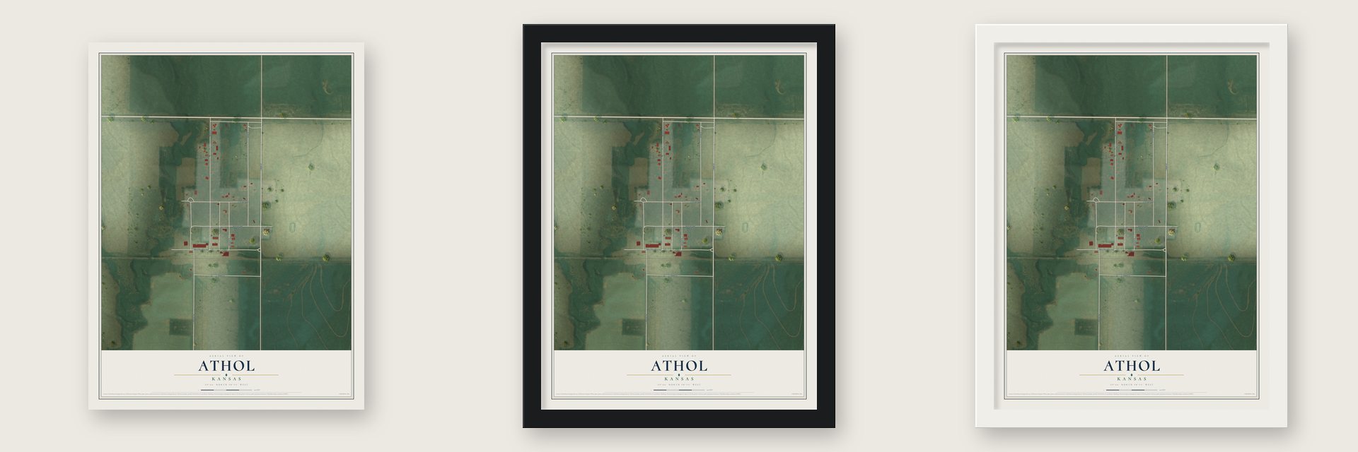 Athol, Kansas map unframed, in a black wood frame and in a white wood frame