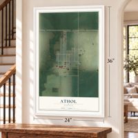 Athol, Kansas map, 24 x 36 inch print in a white frame by a staircase