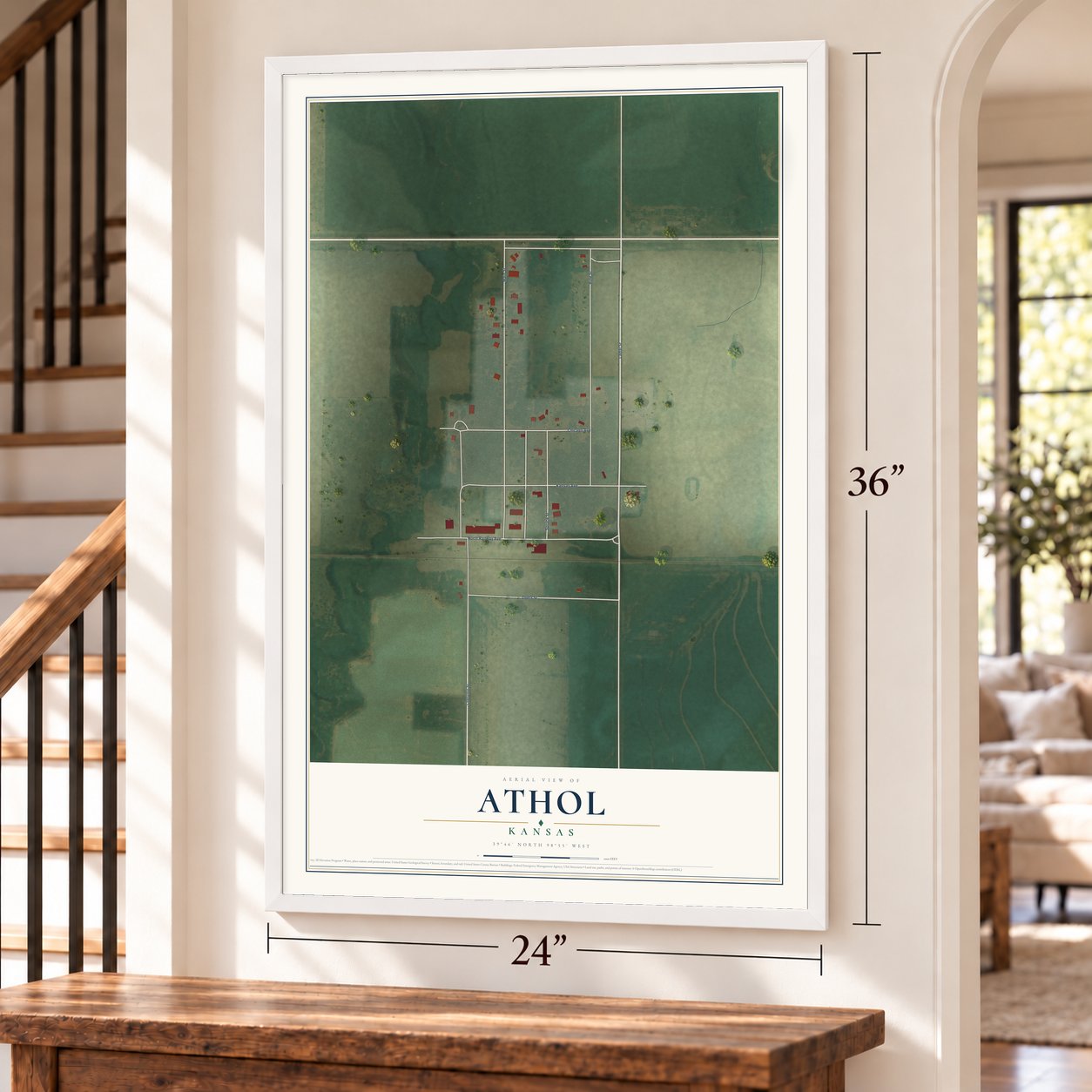 Athol, Kansas map, 24 x 36 inch print in a white frame by a staircase