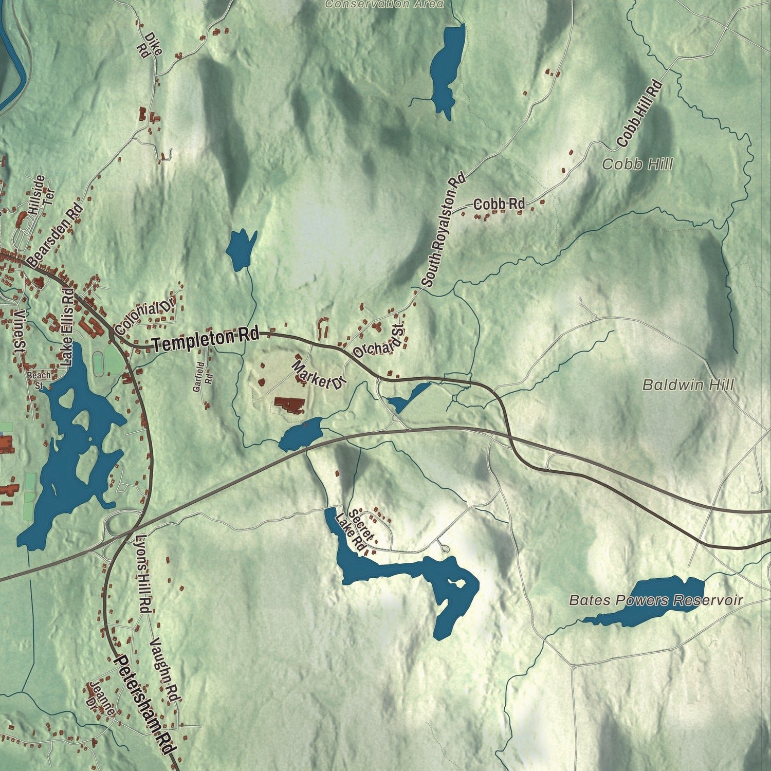 Close-up of the map of Athol, Massachusetts print showing terrain and local geography