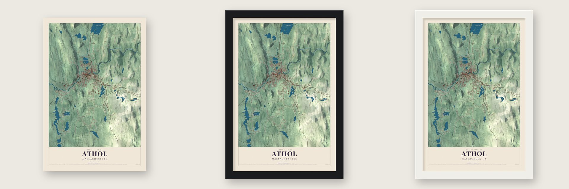 Athol, Massachusetts map unframed, in a black wood frame and in a white wood frame