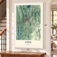 Athol, Massachusetts map, 24 x 36 inch print in a white frame by a staircase