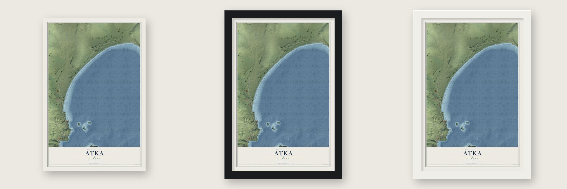 Atka, Alaska map unframed, in a black wood frame and in a white wood frame