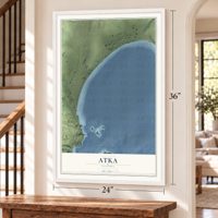 Atka, Alaska map, 24 x 36 inch print in a white frame by a staircase