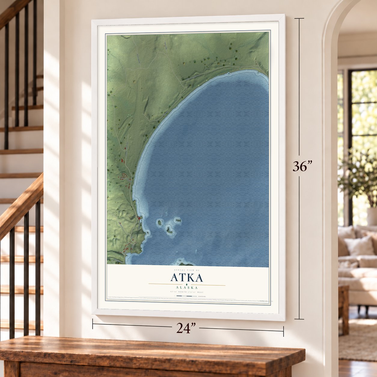 Atka, Alaska map, 24 x 36 inch print in a white frame by a staircase