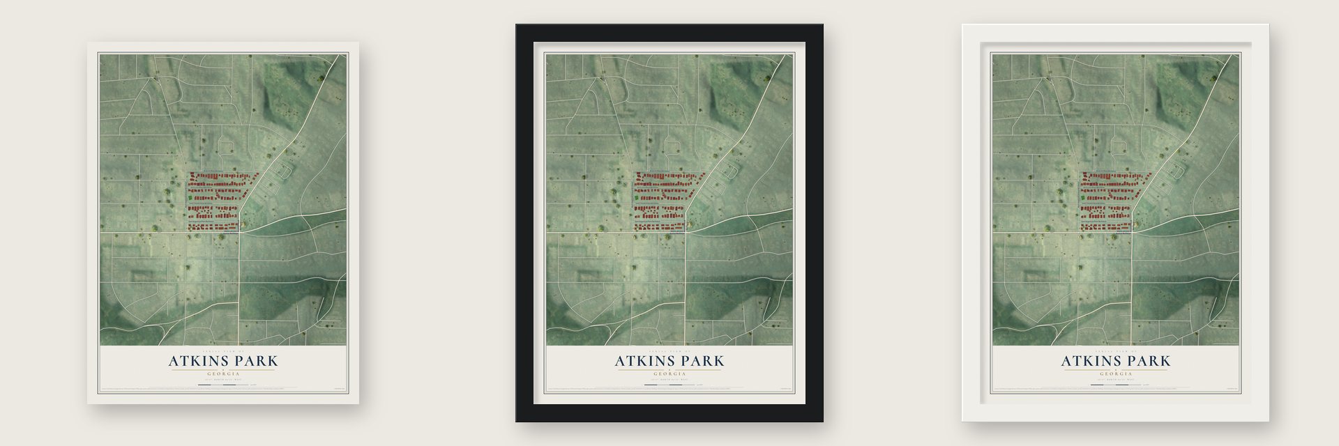 Atkins Park, Georgia map unframed, in a black wood frame and in a white wood frame