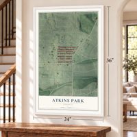Atkins Park, Georgia map, 24 x 36 inch print in a white frame by a staircase