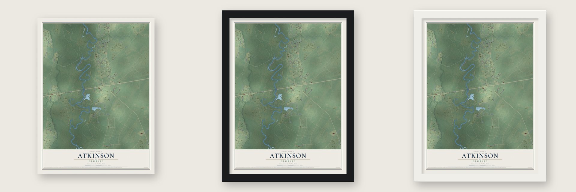 Atkinson, Georgia map unframed, in a black wood frame and in a white wood frame