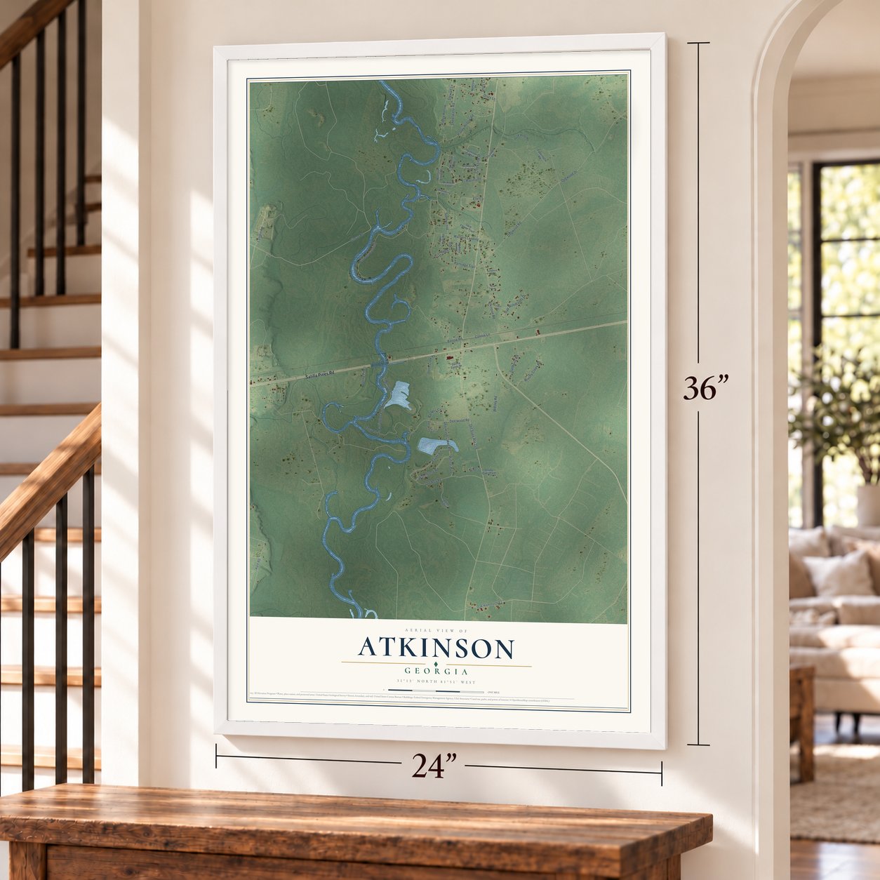 Atkinson, Georgia map, 24 x 36 inch print in a white frame by a staircase