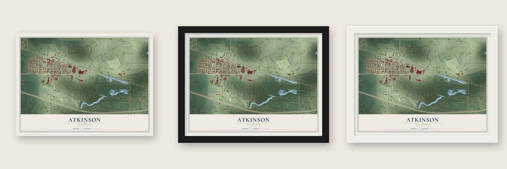 Atkinson, Illinois map unframed, in a black wood frame and in a white wood frame