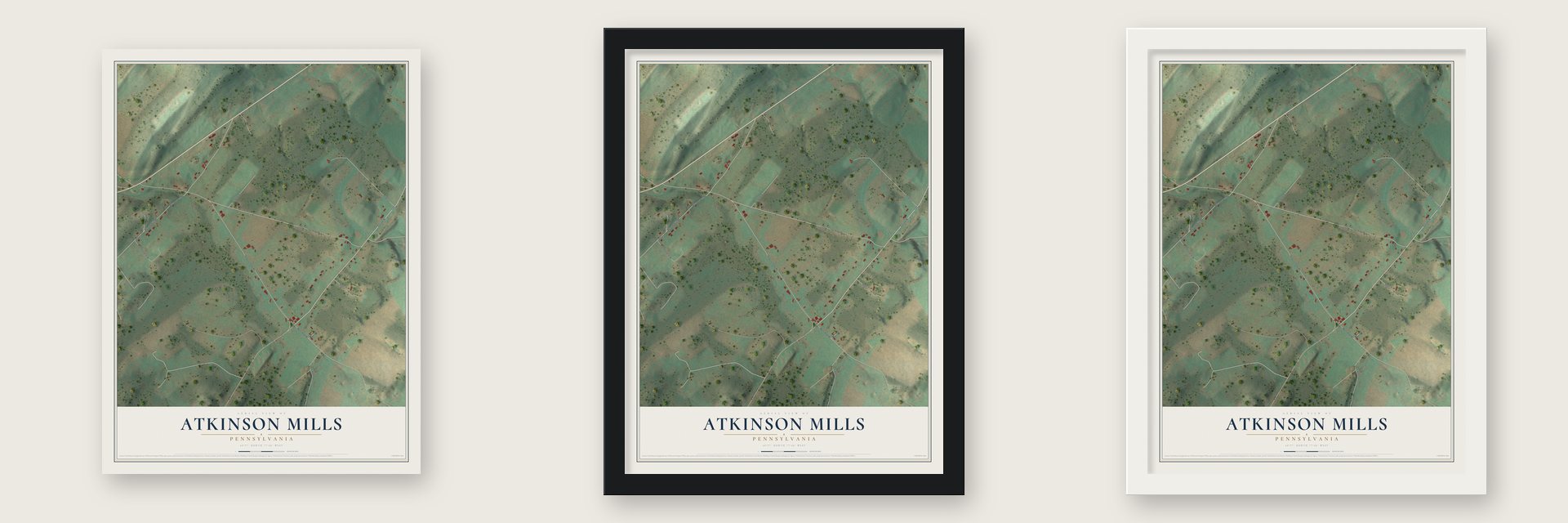 Atkinson Mills, Pennsylvania map unframed, in a black wood frame and in a white wood frame