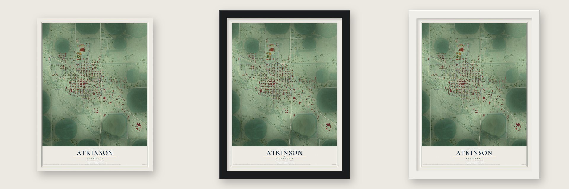Atkinson, Nebraska map unframed, in a black wood frame and in a white wood frame