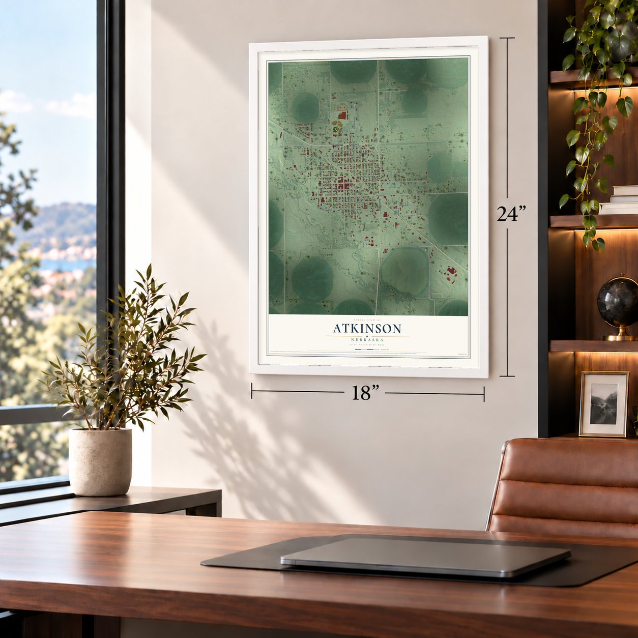 Atkinson, Nebraska map, 18 x 24 inch print in a white frame in a home office